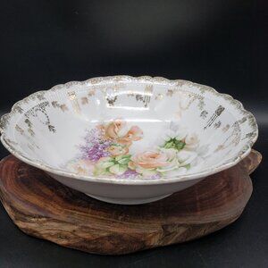 Vintage German Porcelain Serving Bowl 10" – Floral Roses & Lilacs with Gold Trim